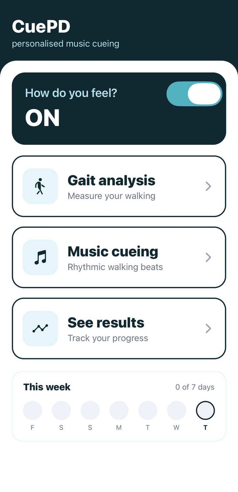 The CuePD app home screen, showing a cueing on/off switch and options for gait analysis, music cueing and results.